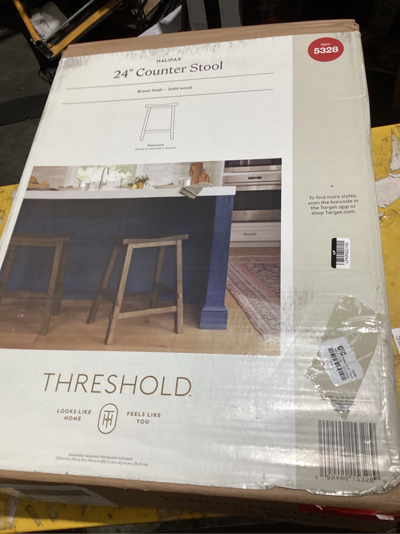 Condition photo showing As Is for halifax farmhouse wood counter height barstool brown - threshold™: rectangle, backless, hardwood frame