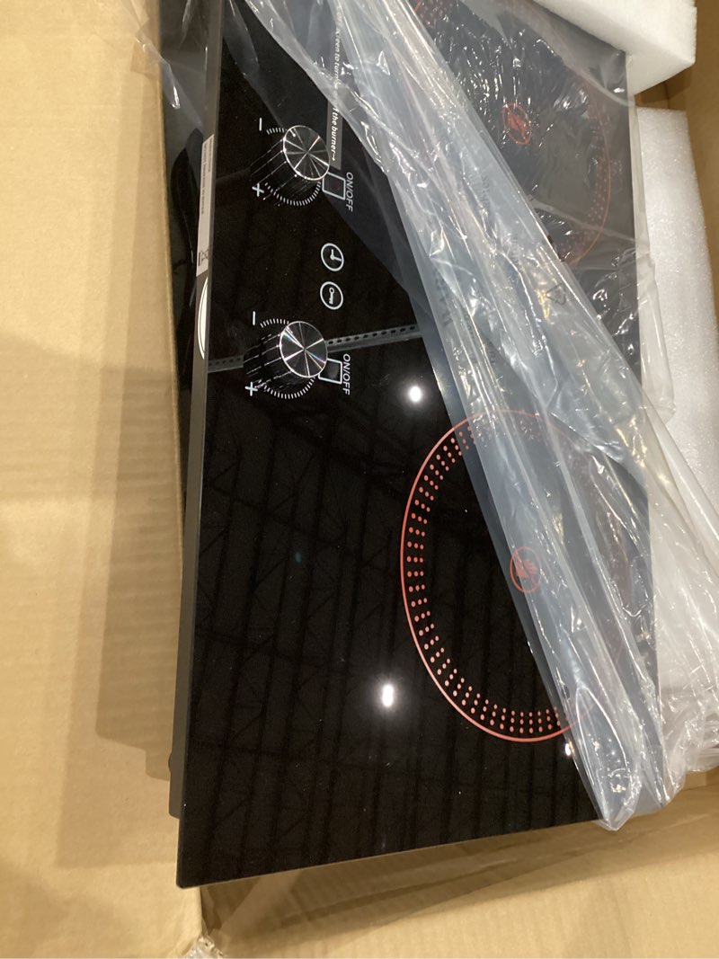 Condition photo showing New/Like New for karinear 2 burners electric cooktop, 120v plug in ceramic cooktop, 12 inch countertop & built-in electric stove top with child safety lock, timer, over-temperature protection, sensor touch control black