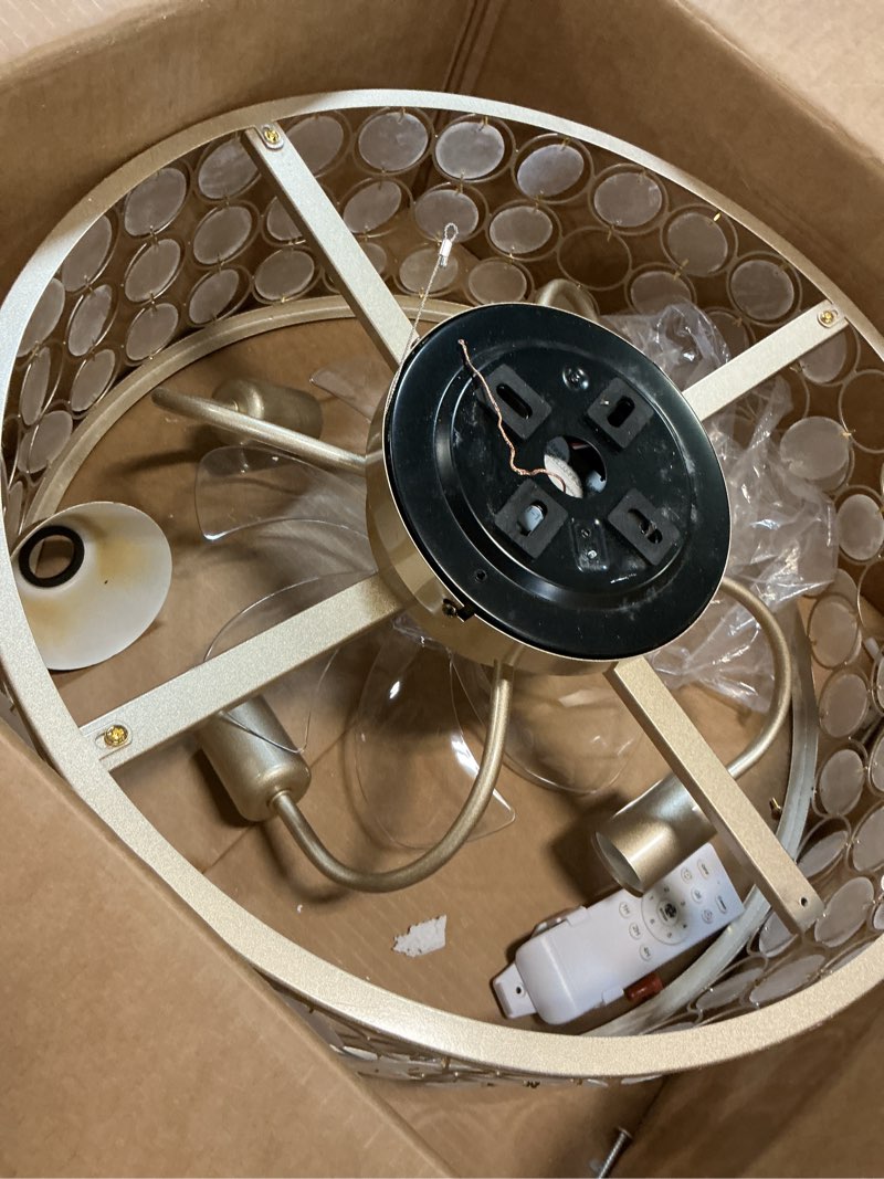 Condition photo showing As Is for 20"boho ceiling fans with lights and remote capiz fandelier ceiling fan with light coastal enclosed caged ceiling fan for bedroom?nursery,foyer,kitchen(6 speeds gold shade and white shells )