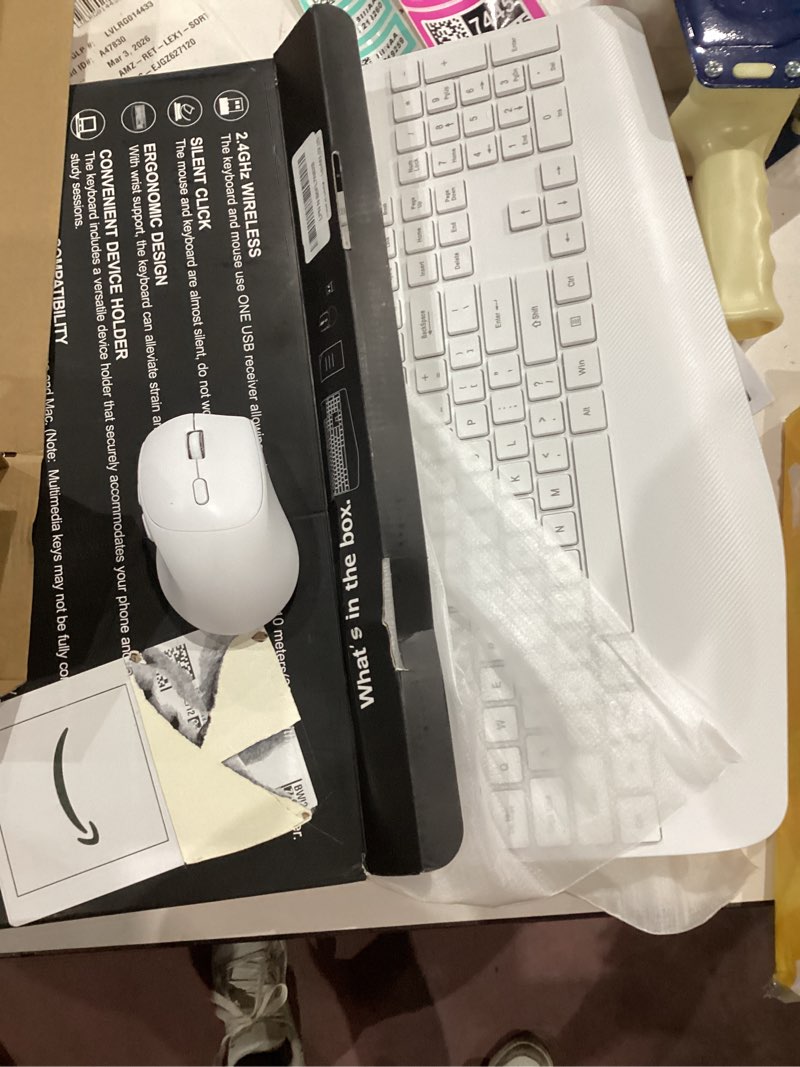 Condition photo showing Good Condition for Wireless Keyboard and Mouse Combo - Full-Sized Ergonomic Keyboard with Wrist Rest, Phone Holder, Sleep Mode, Silent 2.4GHz Cordless Keyboard Mouse Set for PC, Laptop - Trueque (Pure White, 1 Pack) 1 PACK Pure White