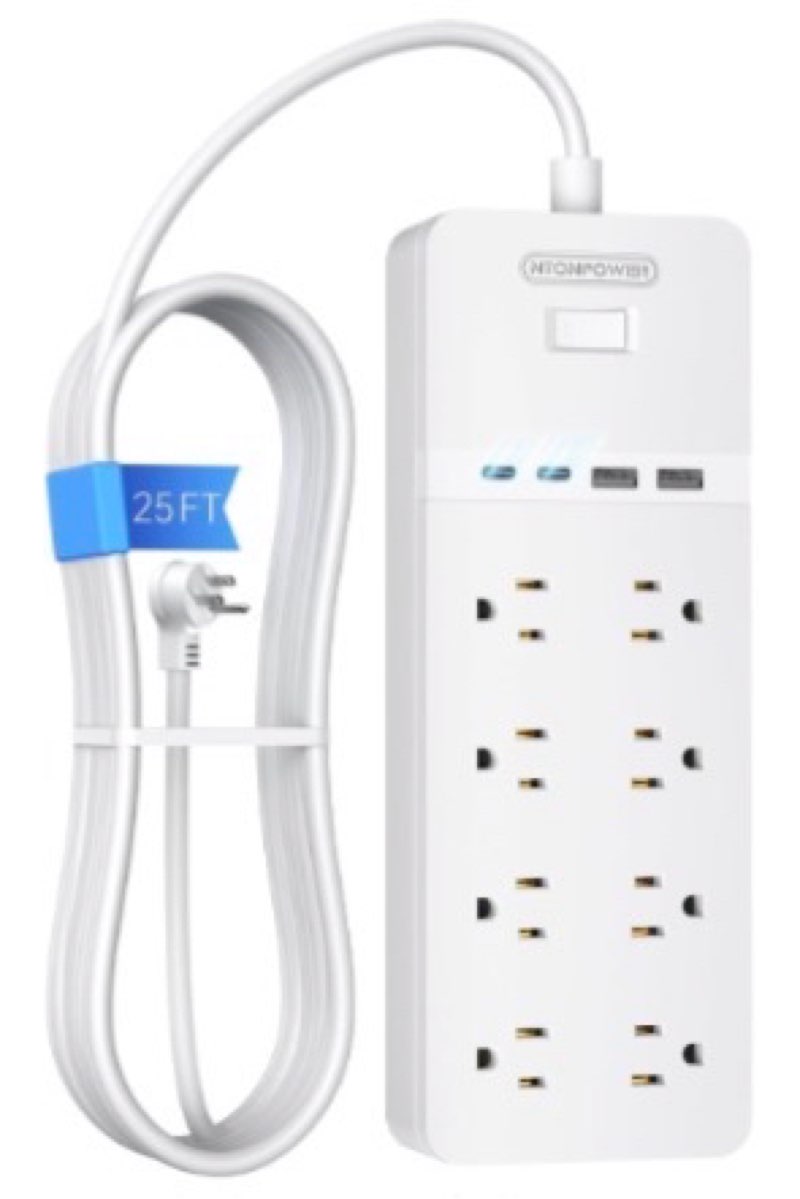 25 ft extension cord flat plug, ntonpower 8 outlet surge protector power strip with usb ports, 1080 joules, 15a circuit breaker, wall mount for home office workshop or garage, etl listed, white