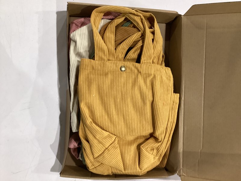 Condition photo showing Good Condition for 12 pcs small corduroy tote bags 7.9 x 7.9 x 2.8 inches cute mini tote bag reusable handbag gift for women birthday(boho color)