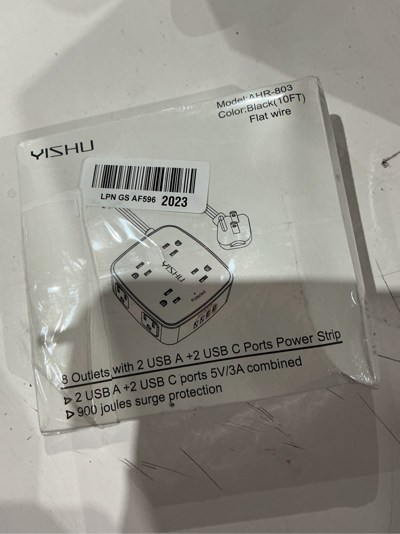 Condition photo showing Good Condition for 10 ft surge protector power strip - yishu 8 widely outlets with 4 usb ports, 3 side outlet extender with 10 feet flat extension cord, ultra flat plug, wall mount, desk usb charging station, etl, black 10 ft(flat cord) black