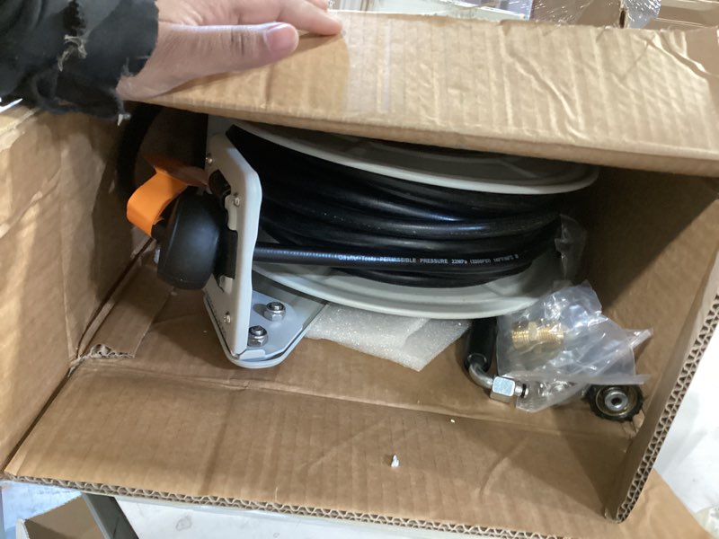 Condition photo showing Good Condition for giraffe tools pressure washer hose reel 65ft, 3200 psi power washer hose reel, pressure washer retractable hose reel, heavy duty, wall/floor mounted, silver