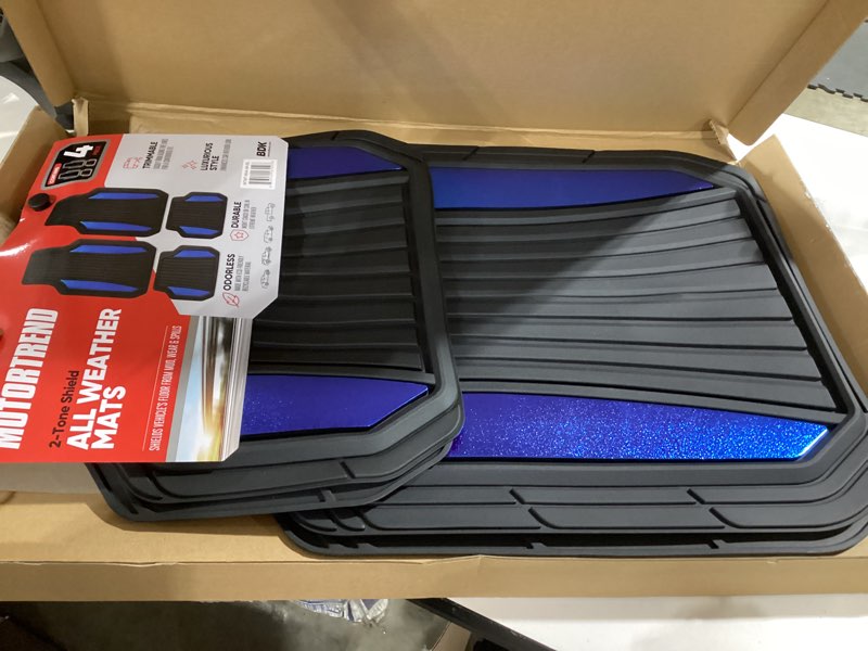 Condition photo showing New/Like New for motor trend chrometech car floor mats full set - durable rubber floor mats for cars with two tone accent, all weather interior protection for front and rear with non-slip backing, black/blue black & blue