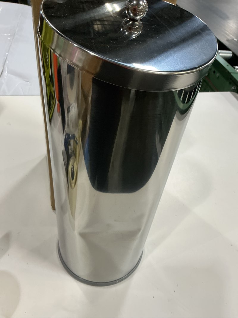 Condition photo showing As Is for stainless steel toilet paper canister and toilet brush case set (set of 2) stainless steel set of 2