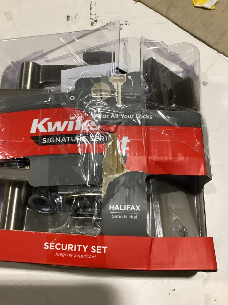 Condition photo showing New/Like New for kwikset halifax satin nickel zinc lever and single cylinder deadbolt