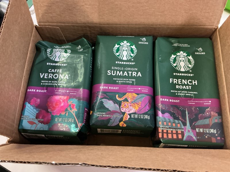 Condition photo showing New/Like New for (Best By 05/Apr/2026) Starbucks Ground Coffee, Dark Roast Hot or Iced Coffee, Variety Pack, Three 12 oz Bags? Dark Variety Pack 12 Ounce (Pack of 3)