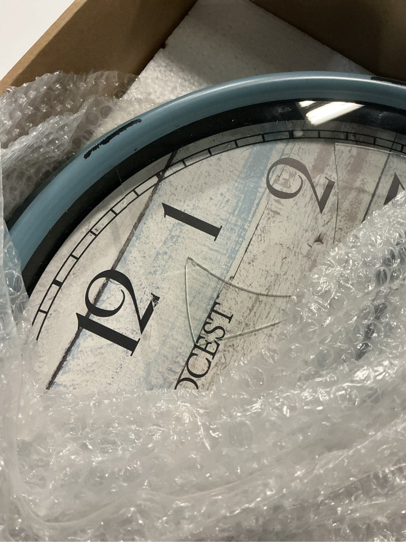 Condition photo showing As Is for OCEST 16 Inch Indoor Outdoor Clock, Waterproof Large Wall Clock with Thermometer, Silent Non-Ticking Battery Operated Decor for Patio Pool Porch Garden Garage?Blue? Blue 16Inch