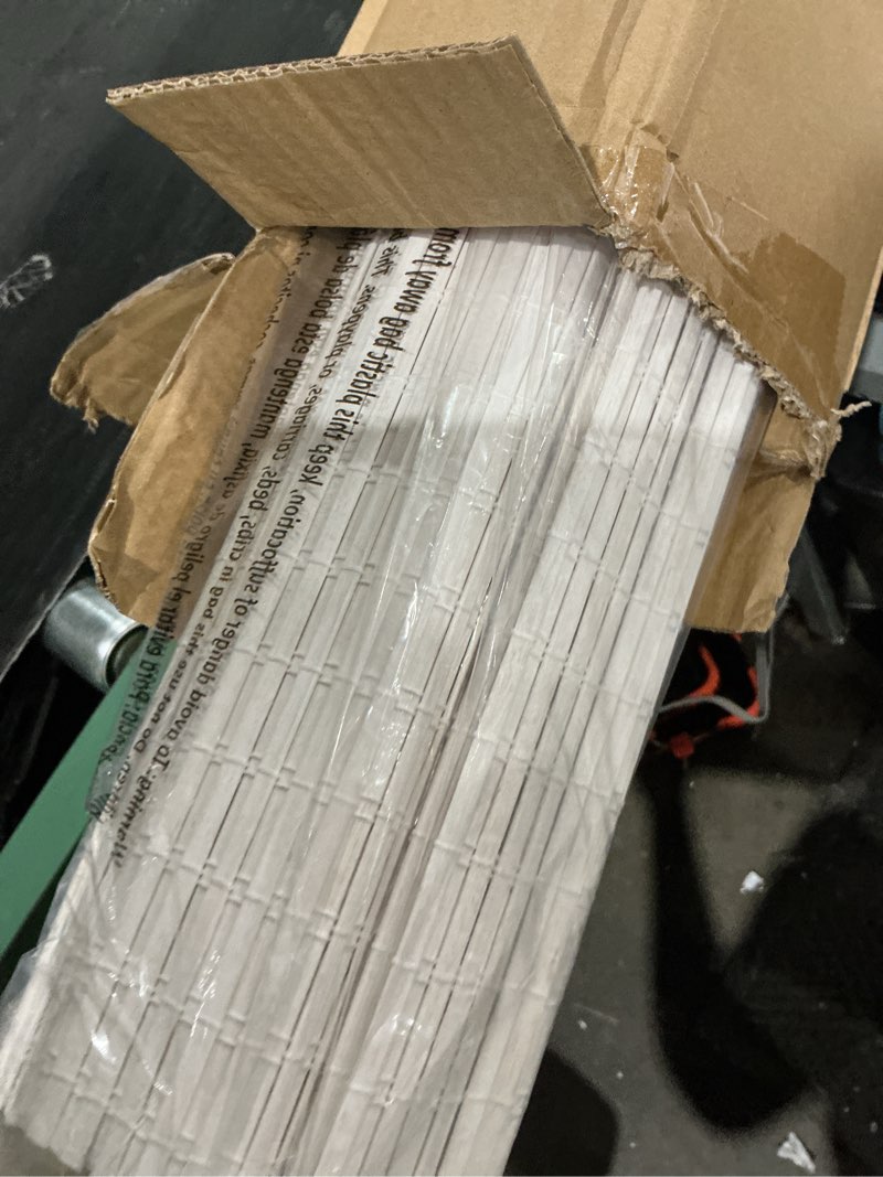 Condition photo showing As Is for lazblinds cordless bamboo roman shades, privacy blinds for interior windows, room darkening roll up bamboo blinds for home & patio, 34" w x 64" h, alpine ivory alpine ivory 34" w x 64" h