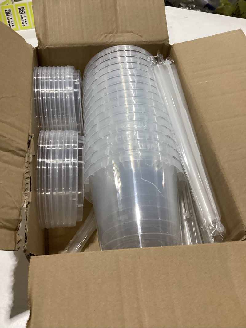 Condition photo showing As Is for 15 set clear plastic cups 24 oz ice cream buckets with lids and straws disposable drink cups cocktail pails with handles for outdoor holiday travel beach birthday pool party supplies 15 clear 24 o
