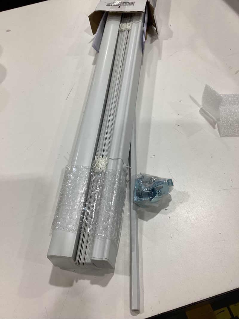Condition photo showing As Is for project source light filtering 1-in slat width 23-in x 42-in cordless white vinyl light filtering mini-blinds
