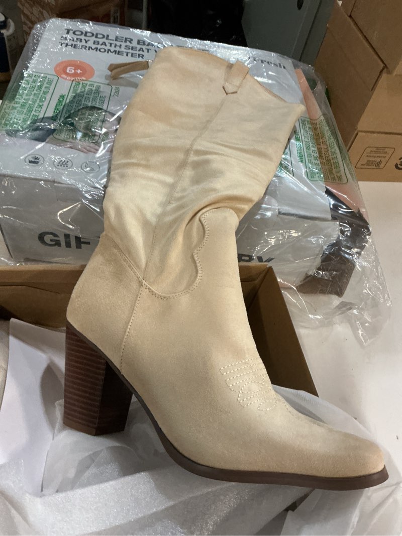 Condition photo showing New/Like New for Women Cowboy Knee High Boots Chunky Block Heel Square Toe Tall Riding Boots 9.5 Beige