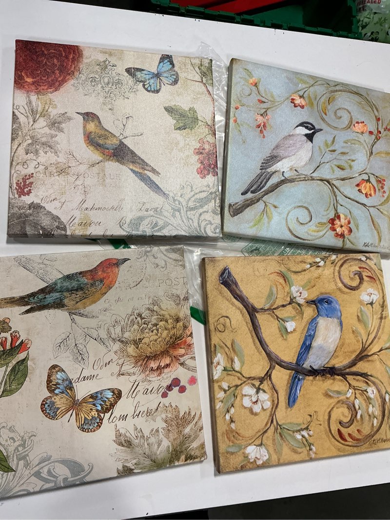 Condition photo showing Good Condition for flowers birds canvas wall art for bedroom floral wall decor butterfly picture. 12 x12”. 4 pieces