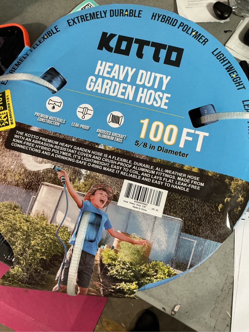 Condition photo showing New/Like New for kotto 100 ft heavy duty garden hose, water hose for outside with 10 spray nozzles, brass connector, leak-proof, blue
