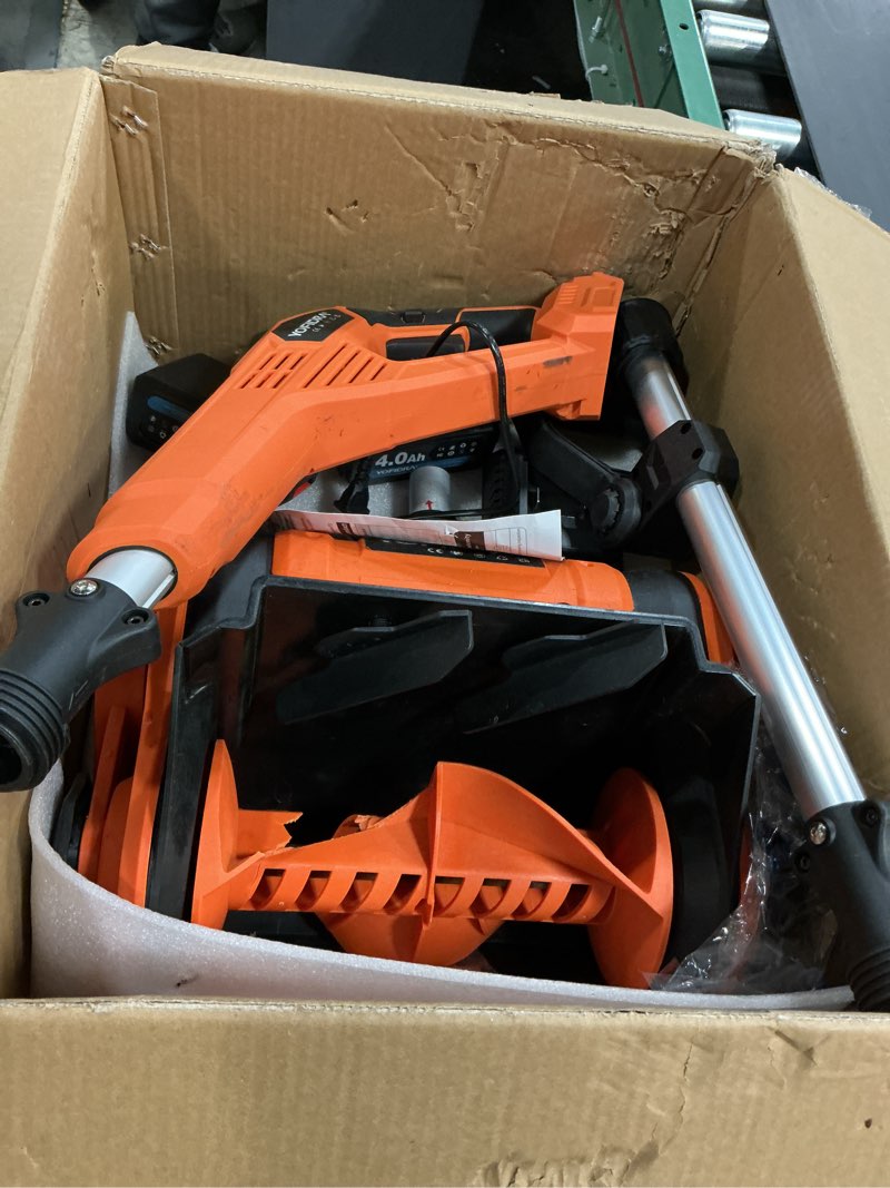 Condition photo showing As Is for Cordless Snow Shovel, Electric Snow Shovel 12" Width 6.7" Depth Cleaning and 20ft Throwing Distance, 4 Ah 21V Battery Brushless Snow Mover with Adjustable Front Handle for Driveway, Steps, Patio Orange