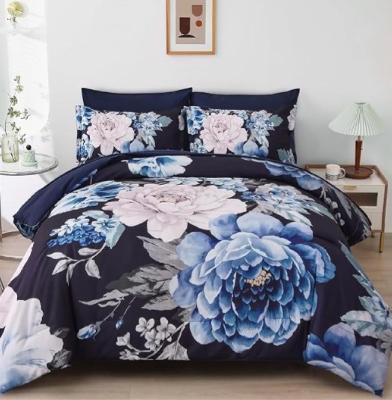 Dintszyayue 7 Pieces Floral Comforter Set Elegant Blue Flower Bedding Set Reversibe Bed in A Bag Lightweight Microfiber Bed Set for All Season with Flat Sheet,Fitted Sheets,Pillowcases&Shams (unknown size)