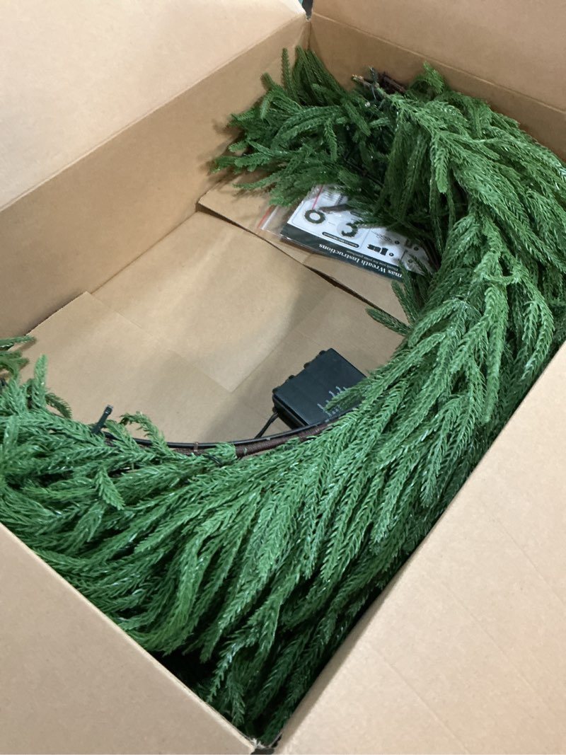 Condition photo showing Good Condition for NUPTIO Large Christmas Wreath with Lights: 36 Inch Prelit Real Touch Norfolk Pine Wreaths with Hook for Outdoor Front Door - Realistic Xmas Decorations 100 LED 8-Mode with Remote Timer for Holiday