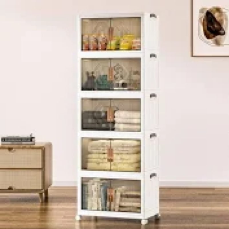 VECELO 19 Gal Stackable Storage Bins with Lid, 5 Pack Plastic Collapsible Storage Cabinet, Foldable 