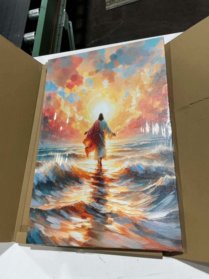 Condition photo showing Good Condition for Jesus Walking on Water Canvas Wall Art Jesus Back Waters Reflection Sunset Glow Pink Gold Tones Wall Decor Pictures Christian Bible Stories Poster Prints for Living Room Church Home Decoration 16x24in Canvas 24"L x 16"W