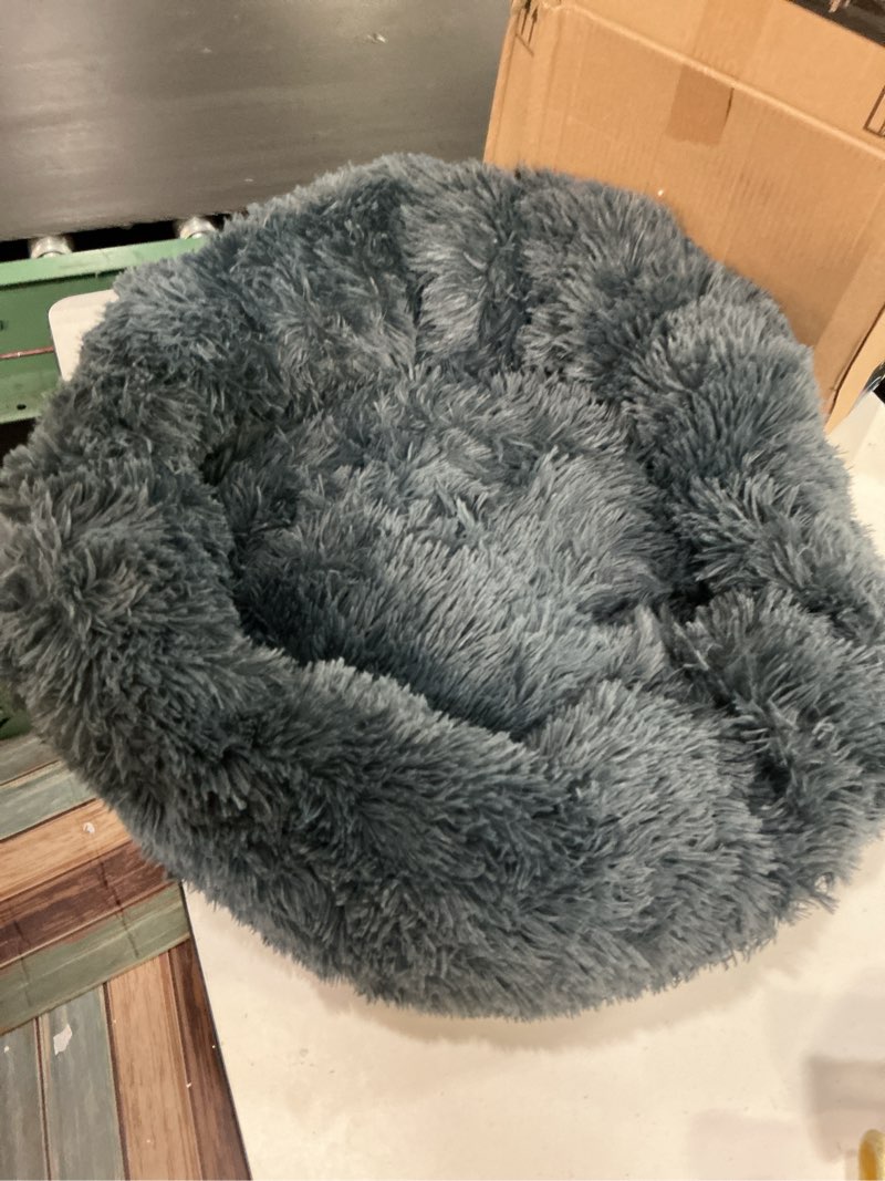 Condition photo showing As Is for best choice products 36in dog bed self-warming plush shag fur donut calming pet bed cuddler w/water-resistant lining, raised rim - gray 36in azul