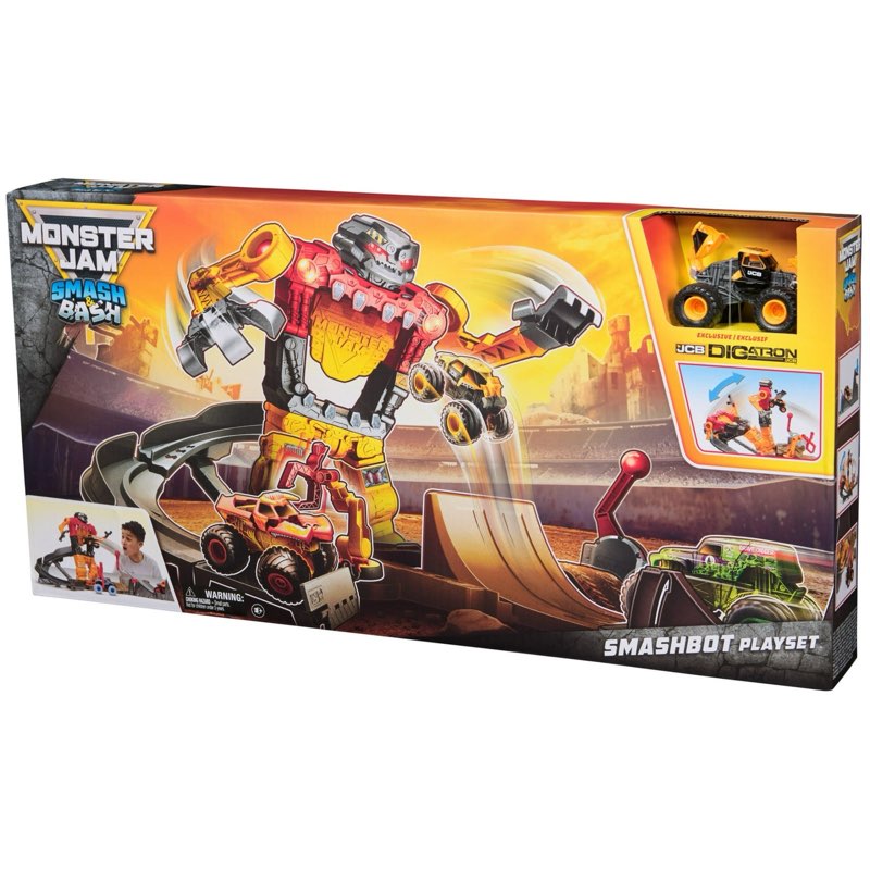monster jam smash & bash smashbot playset with launcher and monster truck, 1:64