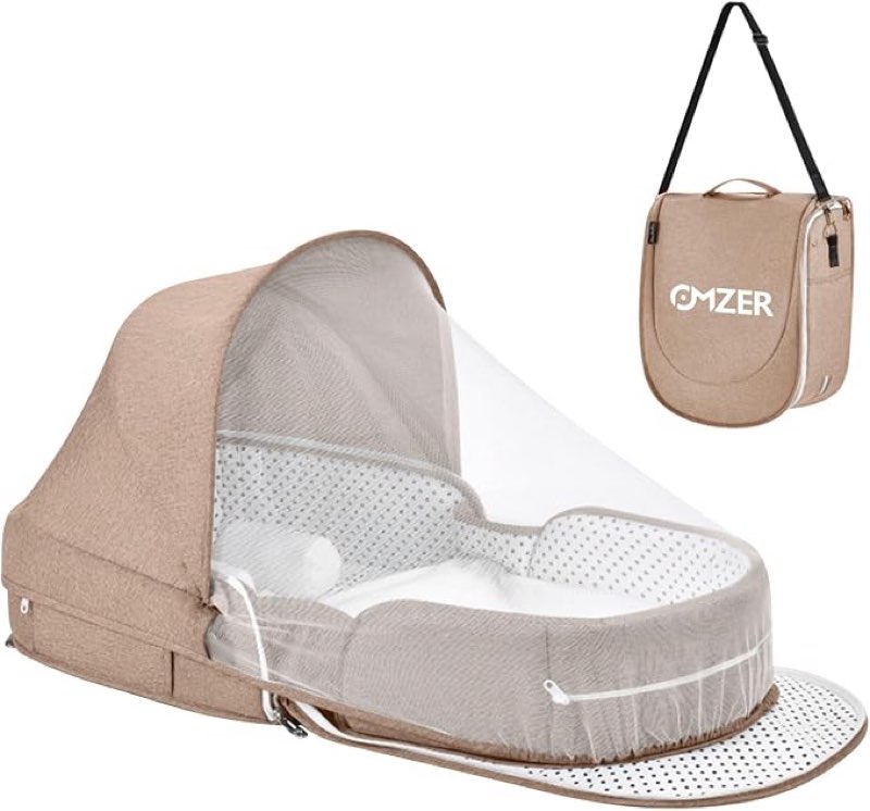 omzer baby travel bassinet portable - foldable carry bag bassinet anti-pressure baby co-sleeper bed lightweight travel pod infant travel bed with 2-1 mosquito & canopy beige