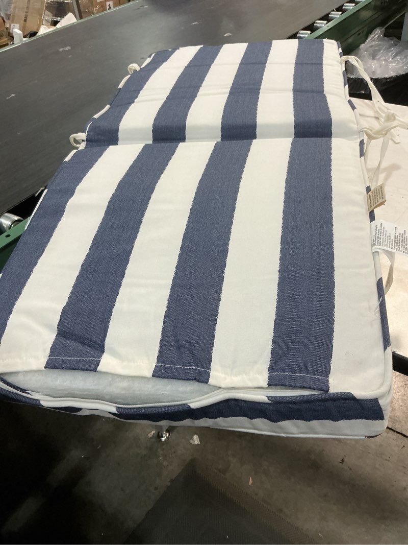 Condition photo showing As Is for allen + roth 20-in x 21-in navy cabana high back patio chair cushion