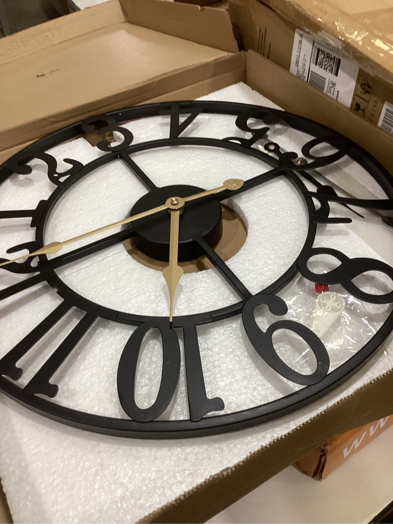Condition photo showing Good Condition for leike large wall clock, 16" silent non-ticking, battery operated, oversized, decorative retro black metal clock for living room,farmhouse, dinner room,indoor, outdoor decor(40cm, black arabic number) 16 inch black-arabic number
