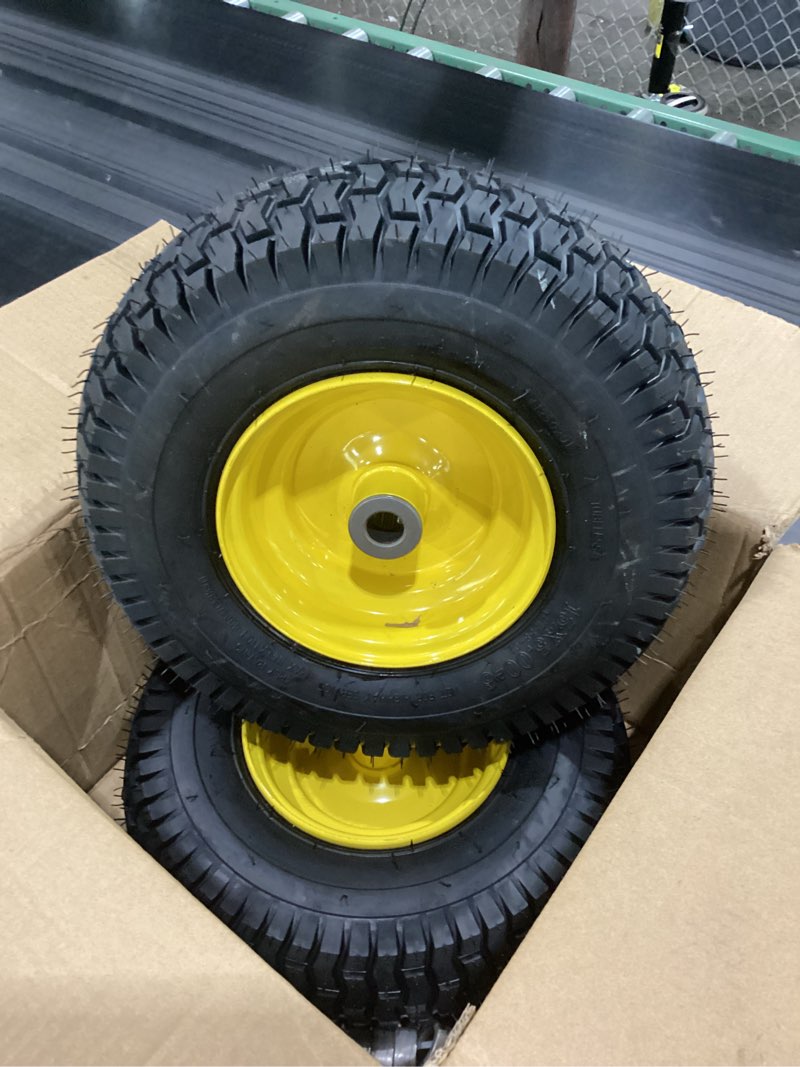 Condition photo showing New/Like New for ar-pro (2-pack) 13x5.00-6 front tire and wheel assembly, 4-ply tubeless turf tire with rim for riding mower lawn tractor, 3"-6" offset hub & 3/4" bushings extra 5/8" bushings 13 x 5.00-6" tubeless (offset hub) yellow