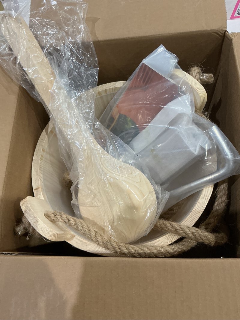 Condition photo showing Good Condition for sauna accessories kit 3pcs,handcrafted from premium pine wood,sauna bucket and ladle set with cedar aromatherapy bowl oil cup holder,swing arm & screw cover(red cedar),spa shower bucket,sauna gift set