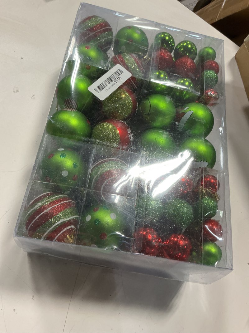 Condition photo showing New/Like New for 100 Pcs Christmas Ornaments Set for Tree, Red and Green Xmas Decorations, Shiny and Glitter Assorted Shatterproof Hanging Balls Decor Baubles Set for Party/Home/Garland/Wreaths