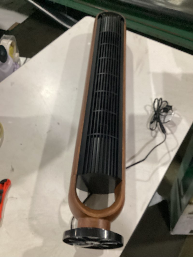 Condition photo showing As Is for better homes & gardens 40'' 5-speed oscillating tower fan with remote control, 3 wind modes, 12h timer, walnut & black