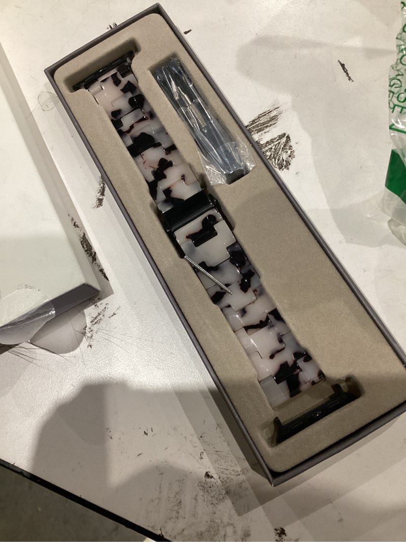 Condition photo showing As Is for v.r.hope resin watch band compatible with apple watch band for women 38mm 40mm 41mm 42mm tortoise fashion lightweight bracelet strap for iwatch series 11/10/9/8/7/6/5/4/3/2/1/se3 (black floral) black floral 38mm/40mm/41mm/42mm