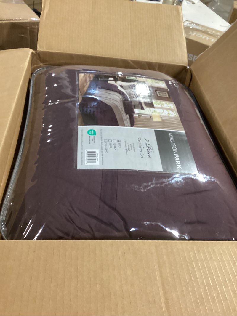 Condition photo showing As Is for Madison Park Palmer Comforter Set - Faux Suede Design, Striped Accent, All Season Down Alternative Bedding, Matching Shams, Decorative Pillow, Bed Skirt, Full (82 in x 90 in), Purple 7 Piece