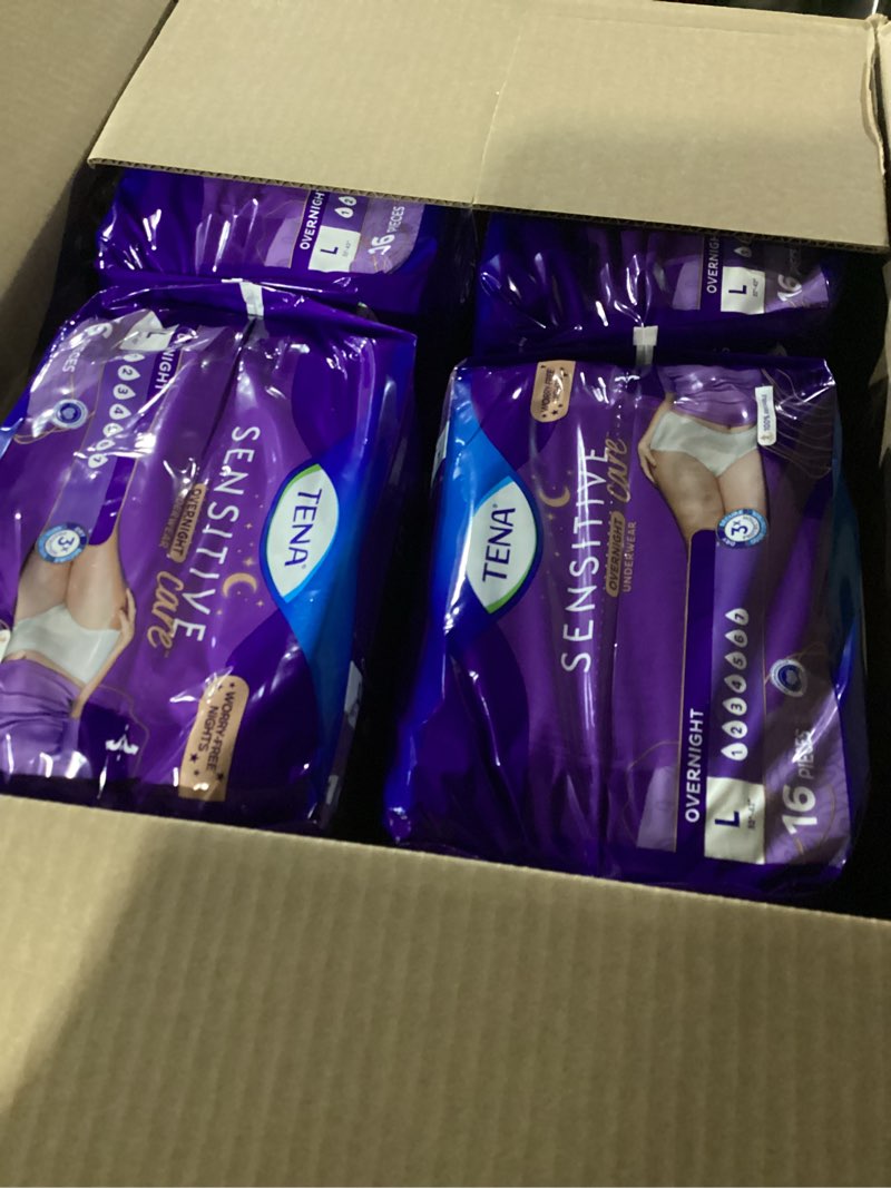 Condition photo showing New/Like New for TENA Sensitive Care Overnight Incontinence Underwear for Women, Bladder Control, Postpartum, L, 64 Count (Waist size 32in-42in)