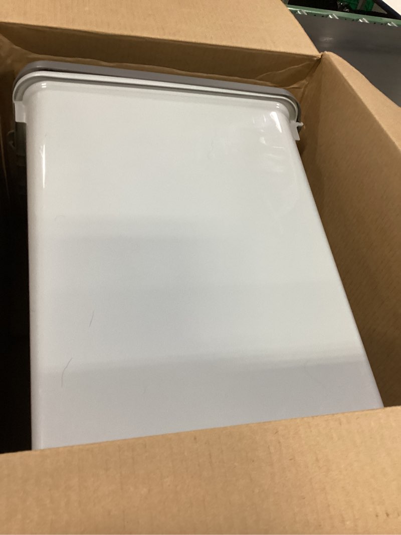 Condition photo showing As Is for IRIS USA Dog Food Storage Container with Wheels, Airtight Lid, 2-Cup Scoop, Up to 54 Pounds Pet Food Storage, Built in Scoop Storage in Lid, Versatile Pet Food Bin, Portable, BPA Free, Gray/Dark Gray 54 lbs Dark Gray