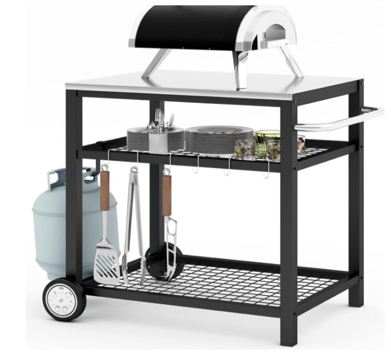 Movable Food Prep and Work Table Stainless Steel Grill Cart Modular Table with Wheels and Handle Double-Shelf Commercial Kitchen Tables Heavy Duty Pizza Oven Stand Outdoor