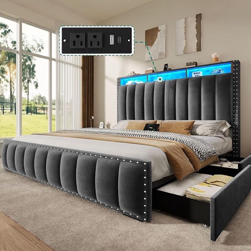 dwvo full size bed frame with 4 storage drawers and rgb led lights, velvet upholstered platform bed with charging station and bookcase storage headboard, no box spring needed, easy assembly, black