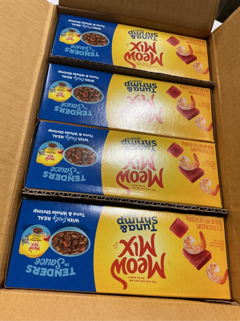 Condition photo showing New/Like New for ( best by 02/04/2027 ) Meow Mix Tenders in Sauce Wet Cat Food, Tuna & Shrimp, 2.75 Ounce Cup (Pack of 48) Tuna & Shrimp 2.75 Ounce (Pack of 48)