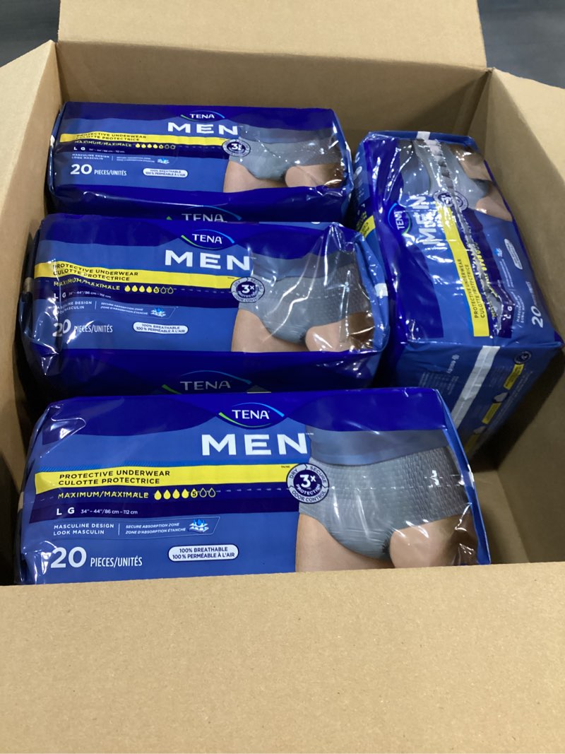 Condition photo showing New/Like New for tena protective incontinence underwear for men, maximum, large, grey, 80 count (waist size 34in-44in)
