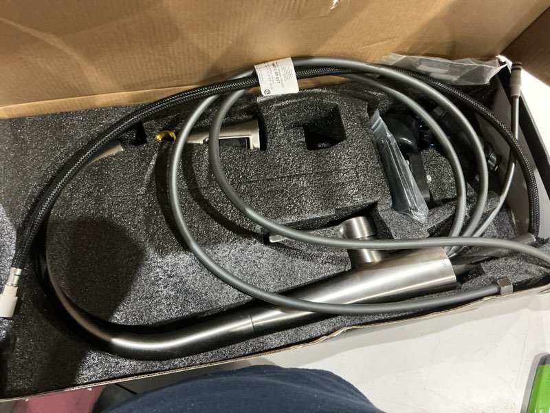 Condition photo showing As Is for delta lenta brushed nickel kitchen faucet with pull down sprayer, modern single hole kitchen sink faucet, single handle, spotshield stainless 19802z-sp-dst spotshield stainless standard activation