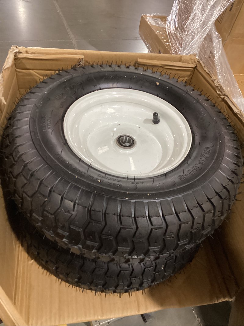 Condition photo showing Good Condition for 2-pack 16 x 6.50-8 riding lawn mower tire with rim, 3/4" or 5/8'' bushing, 16 inch tire assembly for garden tractor.3"-6''offset hub. (16 x 6.5-8 tube type,3" offset hub,fit most john deere)