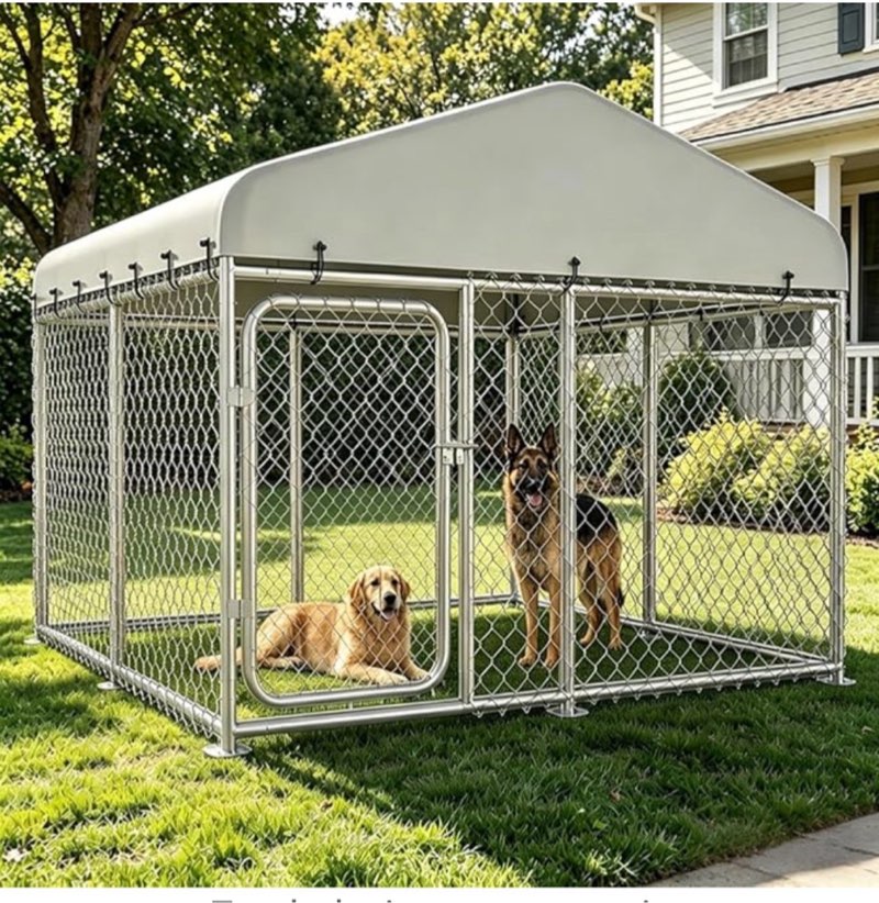 comhoma dog kennel outdoor with roof,large metal dog enclosure with weather-resistant cover,lockable gate for medium large dogs (silver, 7.5x7.5ft (90in))