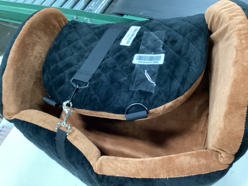 Condition photo showing Good Condition for dog car seat for small/medium dogs, elevated dog booster seat memory foam puppy car seat with washable cover, travel safety pet seat for car with storage pockets up to 35 lbs (black/brown) black/brown 19.5"l x 19.5"w x 18.9"th