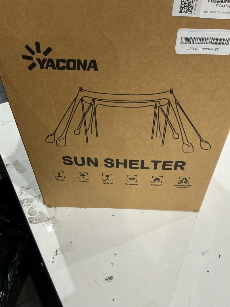 Condition photo showing As Is for beach tent sun shelter upf 50+,10x10 ft beach canopy tent sun shade,pop up beach canopy with 8 sandbags, outdoor beach shade for camping trips, fishing, backyard fun picnics (sky blue)