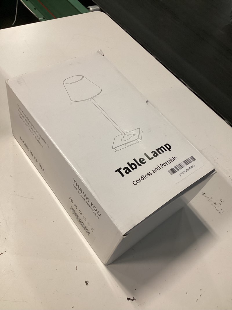 Condition photo showing New/Like New for outdoor waterproof cordless table lamp, 4000mah portable rechargeable battery powered dimmable led touch table light, modern night light for bathroom, shower, patio, bedroom (black 14.5") black + white pe plastic lampshde