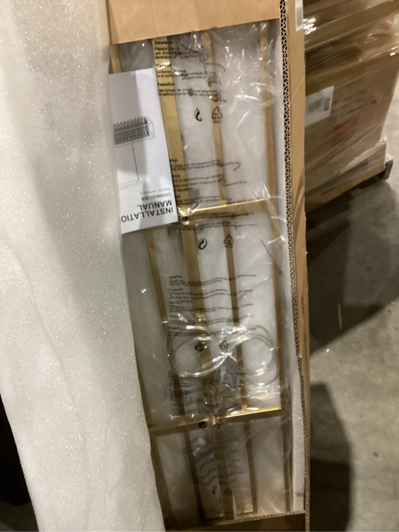 Condition photo showing New/Like New for Siljoy Modern Crystal Chandelier, 7 Lights Rectangular Gold K9 Crystal Raindrop Chandelier, Luxury Rectangle Chandelier Light Fixture for Dining Room Living Room Kitchen Island L47'' x W11'' x H12'' L 47''