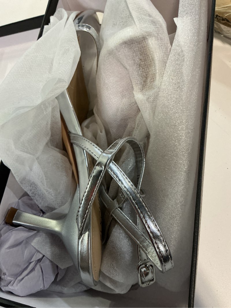 Condition photo showing Good Condition for women's heels round open toe strappy sandals adjustable ankle strap dress shoes kitten heels for party wedding silver 8