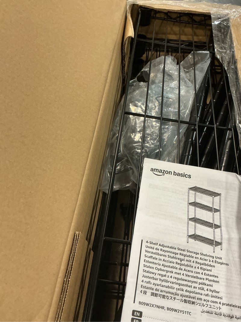 Condition photo showing As Is for Amazon Basics 4-Shelf Steel Wire Storage Rack, Adjustable, Sturdy, Easy Assembly, 13.4 D x 23.2 W x 48 H in, Black